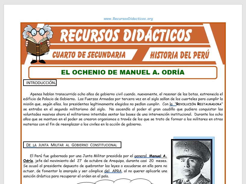 Ficha de Ochenio de Manuel Odría para Cuarto de Secundaria