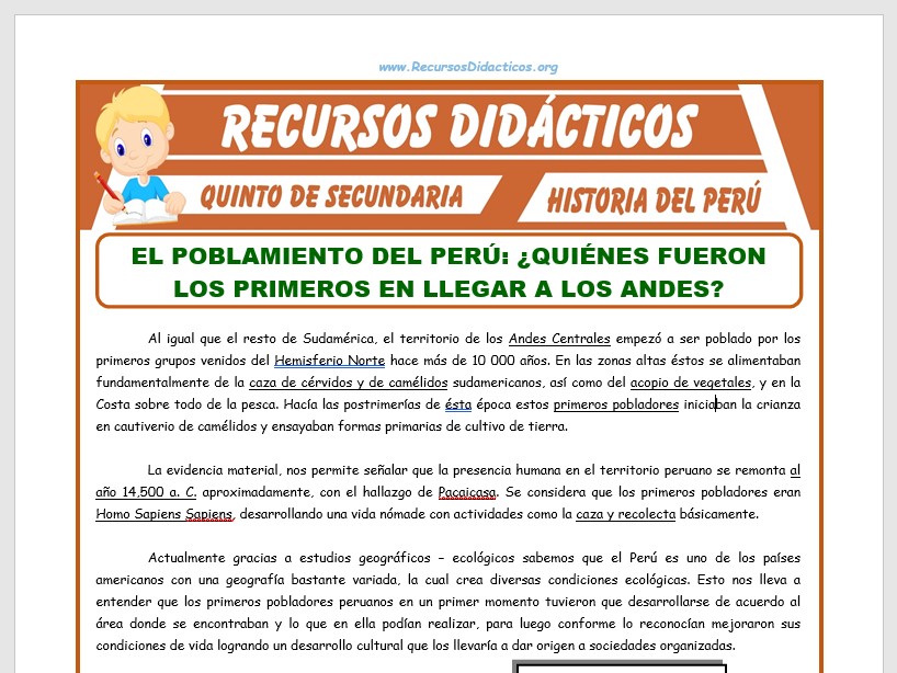 Ficha de Poblamiento del Perú para Quinto de Secundaria