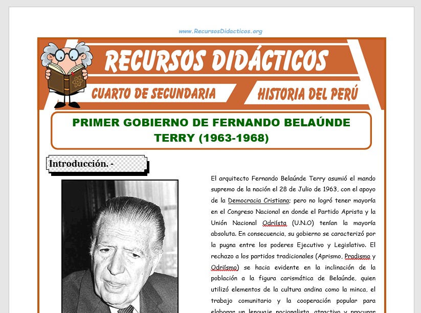 Ficha de Primer Gobierno de Fernando Belaúnde Terry para Cuarto de Secundaria