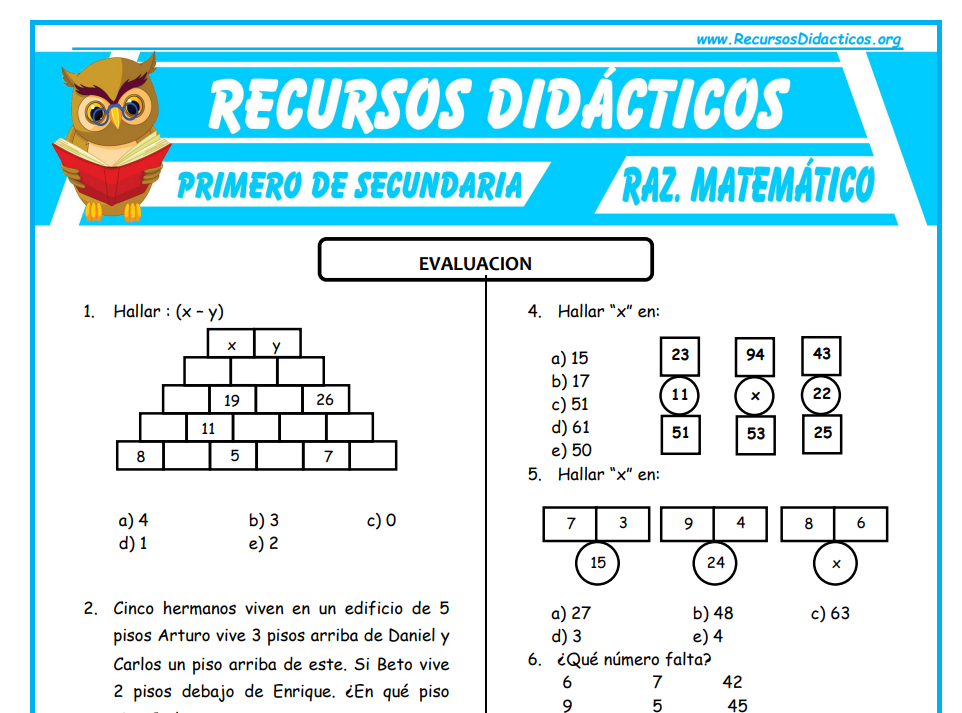 Evaluación de Razonamiento Matemático para Primero de Secundaria