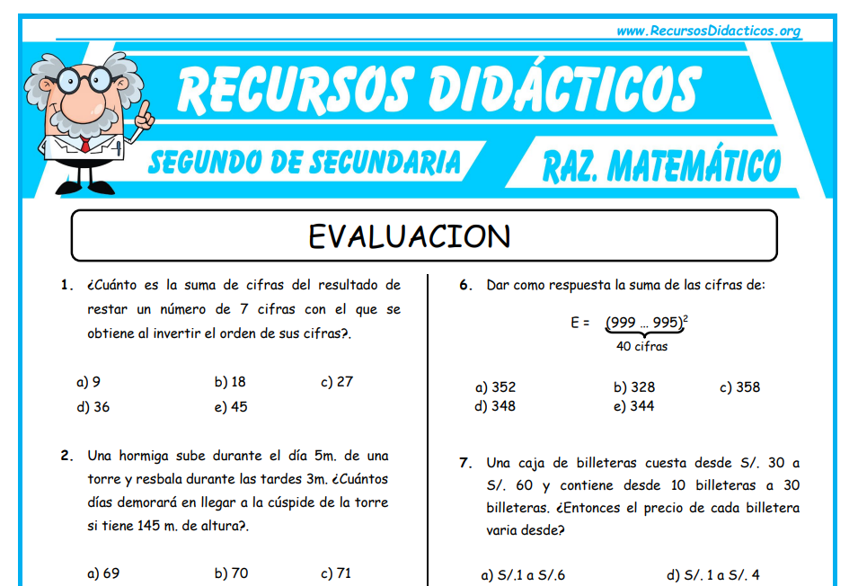 Examen de Razonamiento Matematico para Segundo de Secundaria
